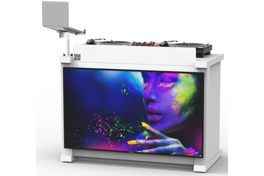 An all-white DJ booth featuring an integrated TV screen, perfect for wedding receptions and events
